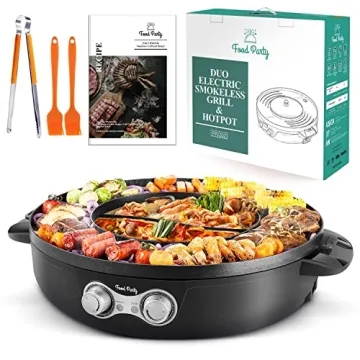 Food Party DUO Electric Smokeless Grill and Hot Pot with Recipe Book, Tong & More