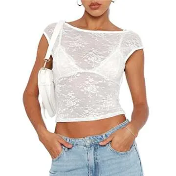 CSDAJIO Women's Sexy Floral Lace Open Back Crop Top See Through Backless Shirt Without Bra Lace White Large