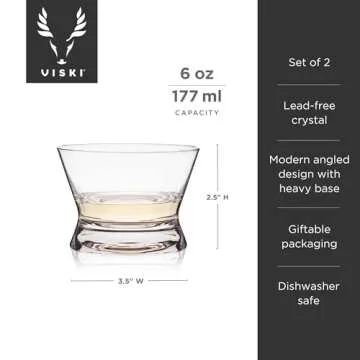 Viski Tasting Set Crystal Neat Spirit Glasses for Tequila, Mezcal, Bourbon, Scotch, Brandy 6oz Set of 2, Set of 1, Clear