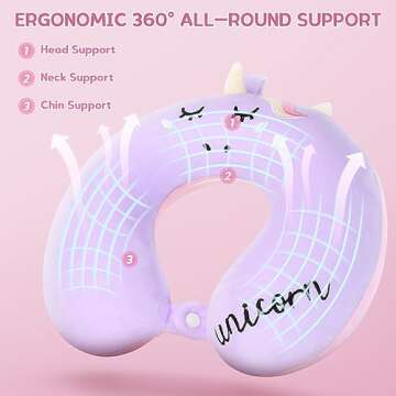 Kids Neck Pillow for Traveling, Unicorn Kids Travel Pillow with Eye Mask, Toddler Travel Essentials for Road Trip Airplane Flight Car Seat, Cute Cartoon Headrest Memory Foam Pillow Gift for Girl Boy