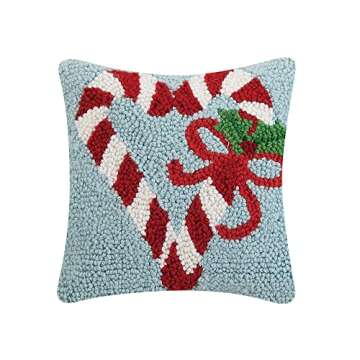 Peking Handicraft Candy Cane Heart Christmas Polyfill Hook Throw Pillow, 10-inch Square, Wool and Po...