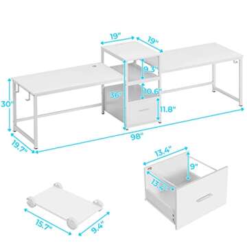 SEDETA 98" Home Office Desk, White Computer Desk with Letter/A4 File Drawer & Power Strip with USB, ...