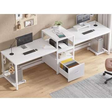 SEDETA 98" Home Office Desk, White Computer Desk with Letter/A4 File Drawer & Power Strip with USB, 2 Person Long Desk with Storage, Printer Shelf & Monitor Stand for Home Office, White