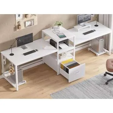 SEDETA 98" Home Office Desk, White Computer Desk with Letter/A4 File Drawer & Power Strip with USB, 2 Person Long Desk with Storage, Printer Shelf & Monitor Stand for Home Office, White