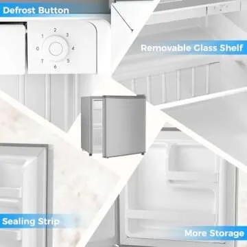 Antarctic Star Mini Fridge with Freezer, 1.4 Cu. Ft Compact Refrigerator, Dorm Fridge, Single Reversible Door, Removable Glass Shelf, Defrost Button, for Bedroom, Office, Silver