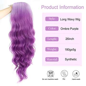 Halcyon Long Wavy Purple Wigs for Women Synthetic Ombre Purple Curly Wavy Wig 26 Inch Middle Part Heat Resistant Wig for Daily Party Use (Ombre Purple)