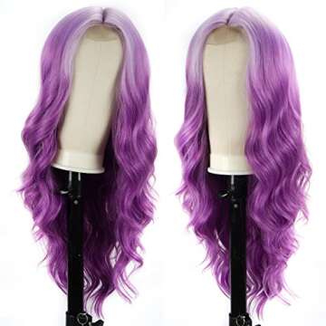 Halcyon Long Wavy Purple Wigs for Women Synthetic Ombre Purple Curly Wavy Wig 26 Inch Middle Part Heat Resistant Wig for Daily Party Use (Ombre Purple)