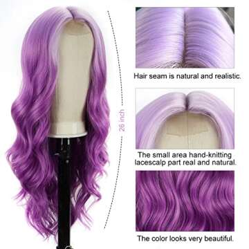 Halcyon Long Wavy Purple Wigs for Women Synthetic Ombre Purple Curly Wavy Wig 26 Inch Middle Part Heat Resistant Wig for Daily Party Use (Ombre Purple)