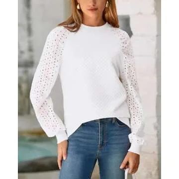 PRETTYGARDEN Women's Tops 2024 Fall Eyelet Long Sleeve Crewneck Blouses Quilted Sweatshirts Loose Fi...