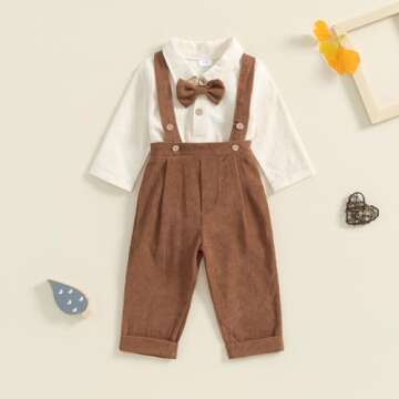 BULINGNA 2Pcs Newborn Baby Boy Fall Gentleman Outfit Romper Dress Shirt with Bowtie + Suspender Pant...
