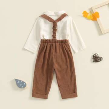 BULINGNA 2Pcs Newborn Baby Boy Fall Gentleman Outfit Romper Dress Shirt with Bowtie + Suspender Pants Formal Suit Clothes Set (Brown, 0-3 Months)