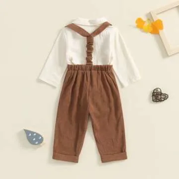 BULINGNA 2Pcs Newborn Baby Boy Fall Gentleman Outfit Romper Dress Shirt with Bowtie + Suspender Pants Formal Suit Clothes Set (Brown, 0-3 Months)