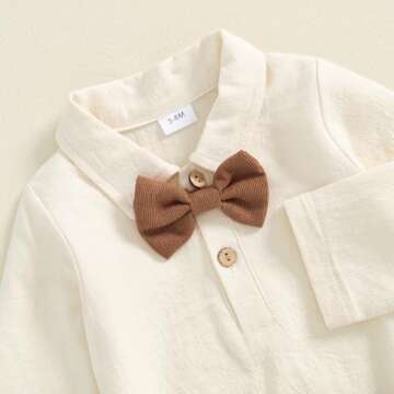 BULINGNA 2Pcs Newborn Baby Boy Fall Gentleman Outfit Romper Dress Shirt with Bowtie + Suspender Pants Formal Suit Clothes Set (Brown, 0-3 Months)