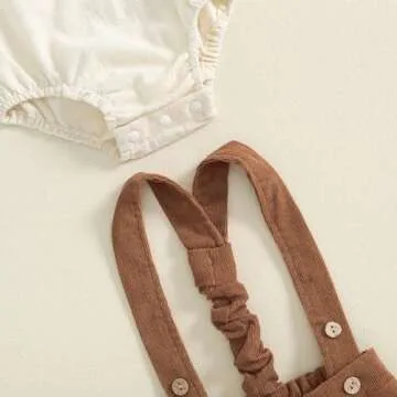 BULINGNA 2Pcs Newborn Baby Boy Fall Gentleman Outfit Romper Dress Shirt with Bowtie + Suspender Pants Formal Suit Clothes Set (Brown, 0-3 Months)