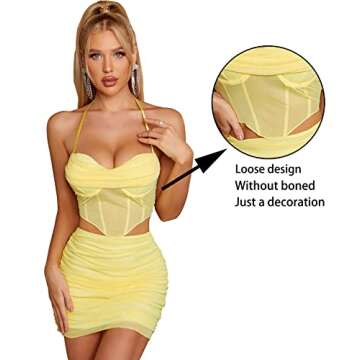 Courecrop Sexy Two Piece Outfits Y2K See Through Crop Top Skirt Set Halter Cowl Neck Party Mini Dress Sets for Women Yellow