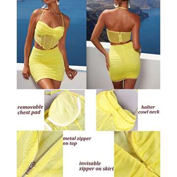 Courecrop Sexy Two Piece Outfits Y2K See Through Crop Top Skirt Set Halter Cowl Neck Party Mini Dress Sets for Women Yellow