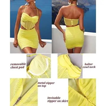 Courecrop Sexy Two Piece Outfits Y2K See Through Crop Top Skirt Set Halter Cowl Neck Party Mini Dress Sets for Women Yellow