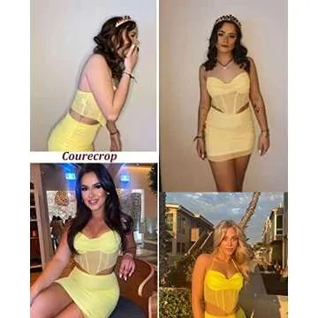 Courecrop Sexy Two Piece Outfits Y2K See Through Crop Top Skirt Set Halter Cowl Neck Party Mini Dress Sets for Women Yellow