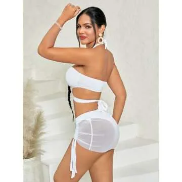 Milumia Women's 3 Piece Halter Swimsuits Solid Lace Up Bikini Set with Drawstring Mesh Cover Up Skirt