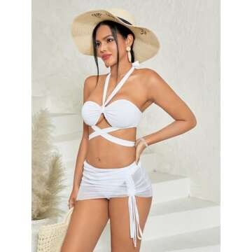Milumia Women's 3 Piece Halter Swimsuits Solid Lace Up Bikini Set with Drawstring Mesh Cover Up Skirt