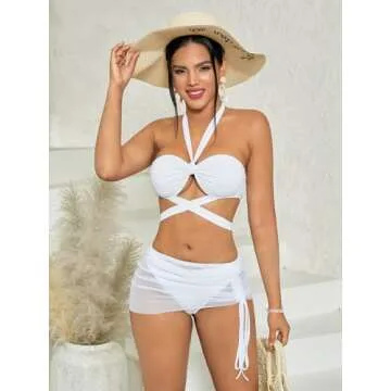 Milumia Women's 3 Piece Halter Swimsuits Solid Lace Up Bikini Set with Drawstring Mesh Cover Up Skirt