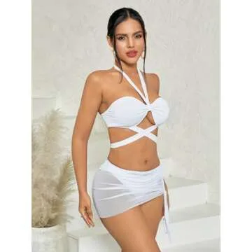 Milumia Women's 3 Piece Halter Swimsuits Solid Lace Up Bikini Set with Drawstring Mesh Cover Up Skirt