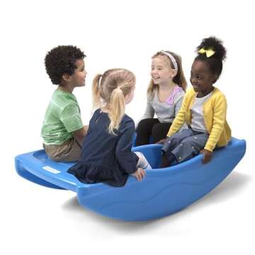 Simplay3 Two Sided Rock and Roll Teeter Totter Seesaw and Climbing Bridge, Fits up to Four Children and Kids for Rocking and Climbing - Indoor/Outdoor, Made in USA (Blue)