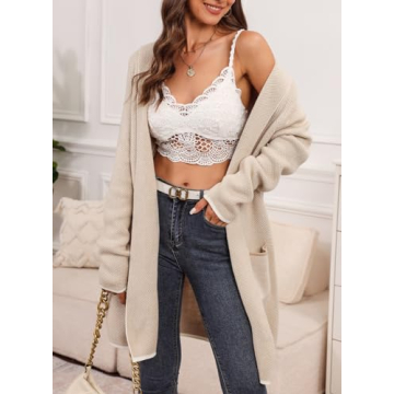 Sidefeel Cardigan Sweaters for Women Long Sleeve Open Front Fall Outfits Contrast Chunky Knit Oversized Hooded Sweaters Coat Apricot Medium