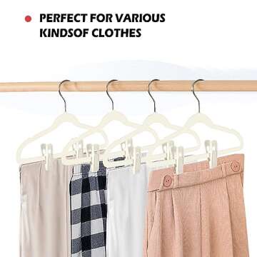 Tinfol Ivory Velvet Hangers Clips, 24 Pack Pants Velvet Clips, Large Opening Clip Clothes Hanger Clip, Strong Finger Flocked Clips Perfect for Use with Slim-line Clothes Velvet Hangers