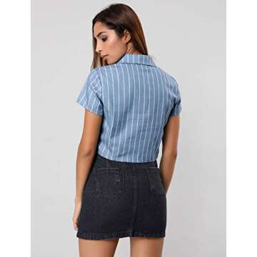 Allegra K Women's Retro Striped Button Up Short Sleeve Tie Front Crop Shirt Small Blue