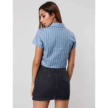 Allegra K Women's Retro Striped Button Up Short Sleeve Tie Front Crop Shirt Small Blue