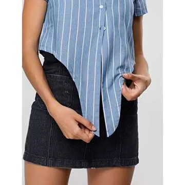 Allegra K Women's Retro Striped Button Up Short Sleeve Tie Front Crop Shirt Small Blue