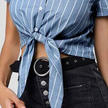 Allegra K Women's Retro Striped Button Up Short Sleeve Tie Front Crop Shirt Small Blue