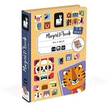 Janod Magnetibook 80 pc Magnetic Mix and Match Animal Faces Game for Creativity and Motor Skills. Book Shaped Travel/Storage Case Included - S.T.E.M. Toy for Ages 3+, Multicolor