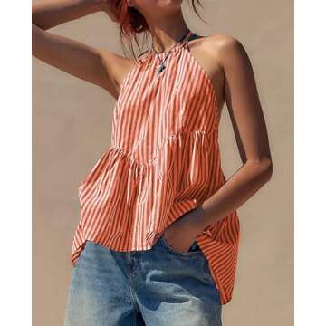 NUFIWI Sexy Stripe Peplum Halter Top - Stylish Sleeveless Cami with Tie Neck