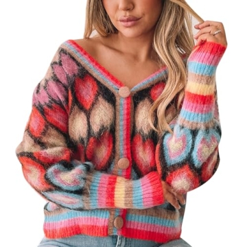 Women's Cute Sweater Cardigan Heart Print Y2K Button Open Front Cardigans V Neck Cropped Knitted Out...