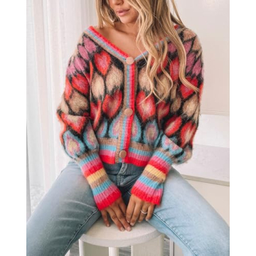 Women's Cute Sweater Cardigan Heart Print Y2K Button Open Front Cardigans V Neck Cropped Knitted Outerwear Red