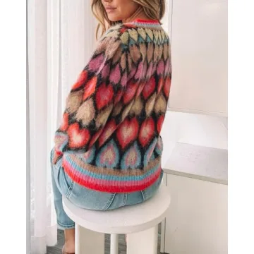 Women's Cute Sweater Cardigan Heart Print Y2K Button Open Front Cardigans V Neck Cropped Knitted Outerwear Red