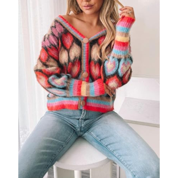 Women's Cute Sweater Cardigan Heart Print Y2K Button Open Front Cardigans V Neck Cropped Knitted Outerwear Red