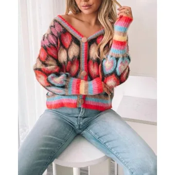 Women's Cute Sweater Cardigan Heart Print Y2K Button Open Front Cardigans V Neck Cropped Knitted Outerwear Red