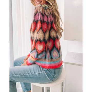 Women's Cute Sweater Cardigan Heart Print Y2K Button Open Front Cardigans V Neck Cropped Knitted Outerwear Red