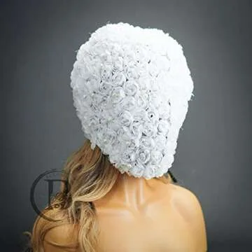 Haute Fashion Masquerade Masks Floral Studded Full Face Mask Cover Halloween Wedding Masquerade Mask Couture Ski Mask (White)