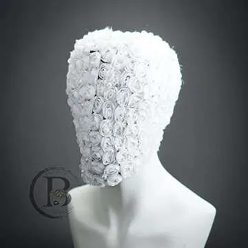 Haute Fashion Masquerade Masks Floral Studded Full Face Mask Cover Halloween Wedding Masquerade Mask Couture Ski Mask (White)