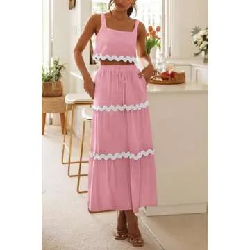 PRETTYGARDEN Women's Summer 2 Piece Beach Outfit Casual Sleeveless Cropped Tank Top High Waisted Maxi Skirt Set (Pink,Small)