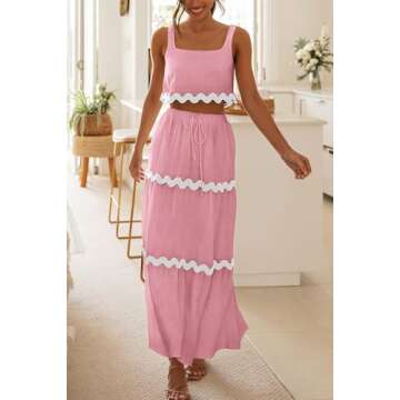 PRETTYGARDEN Women's Summer 2 Piece Beach Outfit Casual Sleeveless Cropped Tank Top High Waisted Maxi Skirt Set (Pink,Small)