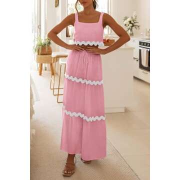 PRETTYGARDEN Women's Summer 2 Piece Beach Outfit Casual Sleeveless Cropped Tank Top High Waisted Maxi Skirt Set (Pink,Small)