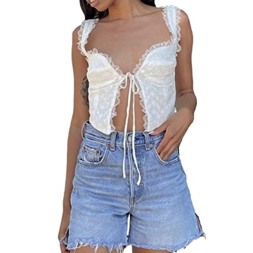 Y2k Lace Frill Backless Crop Top - Chic Sleeveless Tie Front Shirt Blouse