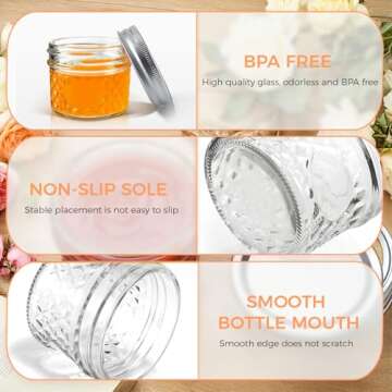 FRUITEAM 4 oz 12 PACK Mini Mason Jars with Lids and Bands, Quilted Crystal Jars Ideal for Spice, Honey, Jam, Body Butters, Jelly, Wedding Favors, DIY Candles Decor