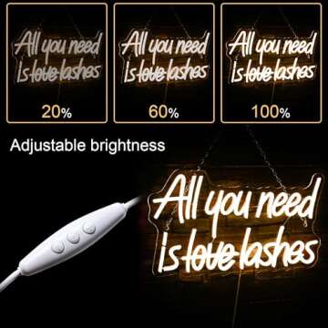 WLHOPE All you need is Lashes Neon Sign, Warm White Led Neon Signs for Wall Decor, USB Lash Neon Sig...