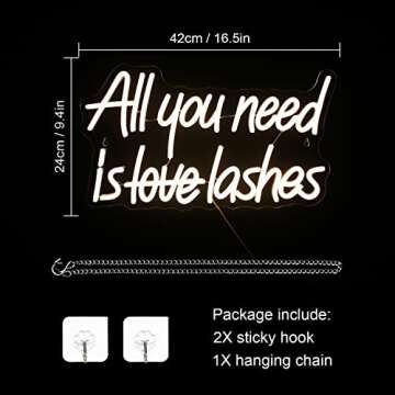 WLHOPE All you need is Lashes Neon Sign, Warm White Led Neon Signs for Wall Decor, USB Lash Neon Signs Letter Neon Lights for Bedroom Bar Party Girls Room Nail Room Salon, Lash Room Decoration